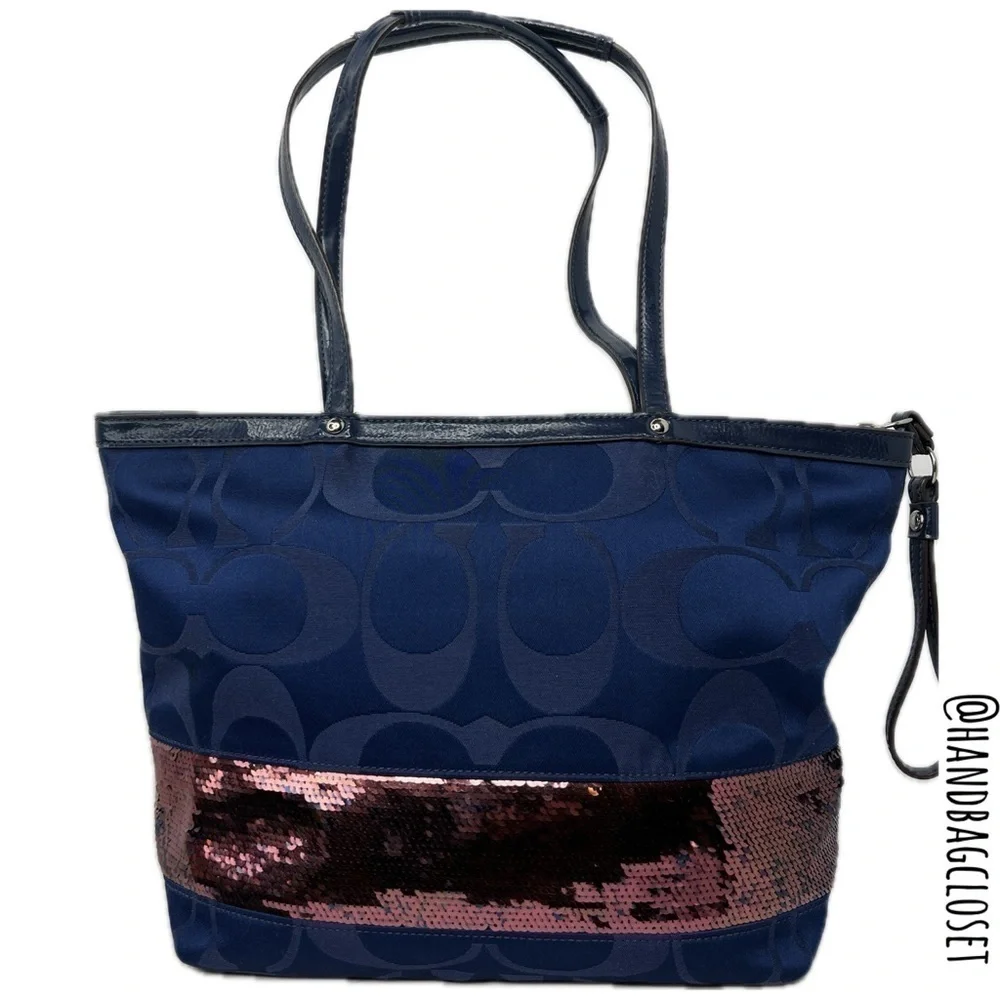Coach F17574 Signature Tote Handbag Satin Sequins Medium Blue Bag
